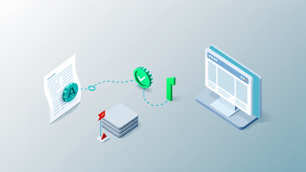Flat isometric illustration of an AI-written article card with a chip badge linked to a clean website passing through a green check quality gate, beside a dim greyed stack of thin junk pages flagged in red, with a green upward arrow, in emerald and blue