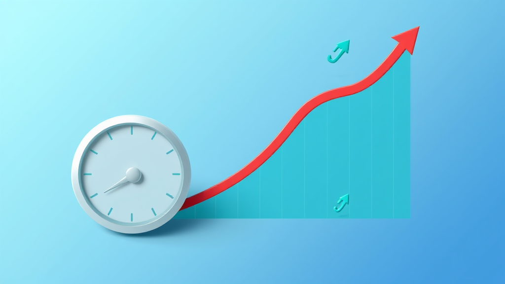Flat isometric illustration of a speedometer gauge beside a rising red line chart curving up to an arrow, with glowing teal chain-link icons, on a blue gradient
