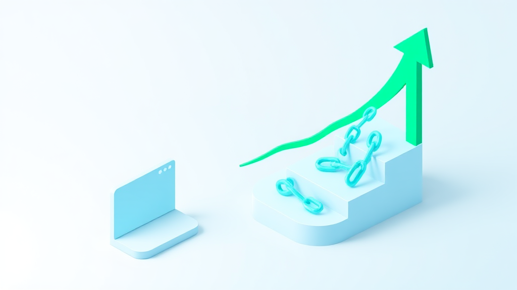 Flat isometric illustration of a small new website card at the base of ascending steps holding tiers of teal link nodes growing from a few to many, with a green upward arrow, in emerald and blue