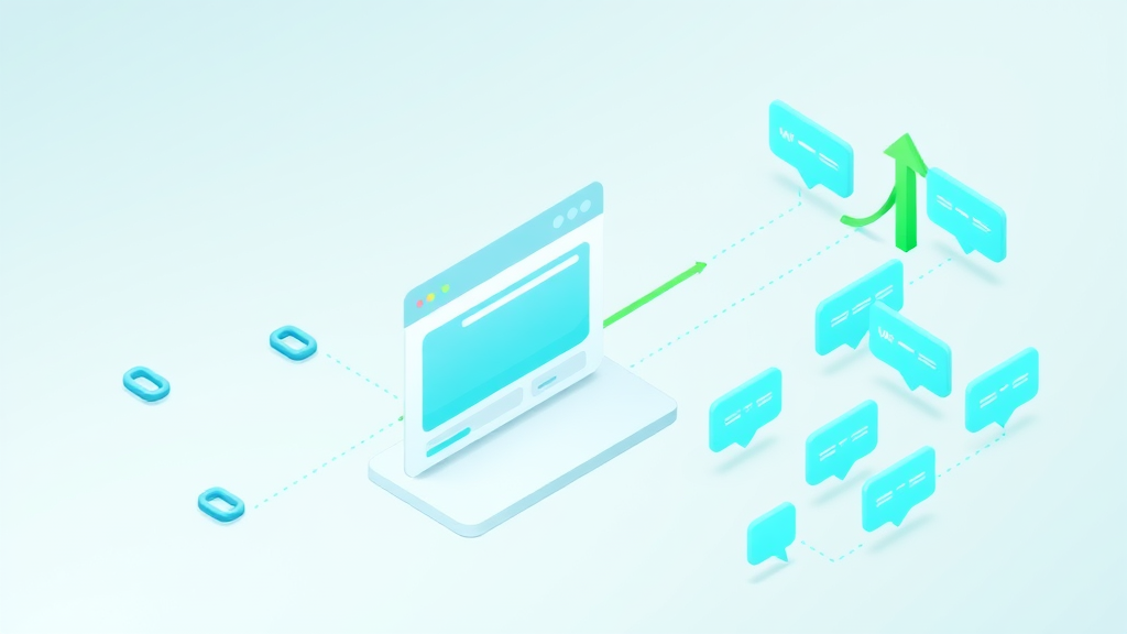 Flat isometric illustration of a website card receiving teal chain-links from the left (backlinks) and larger teal speech-bubble mention nodes from the right that connect up to an AI answer card, with a green upward arrow, in emerald and blue