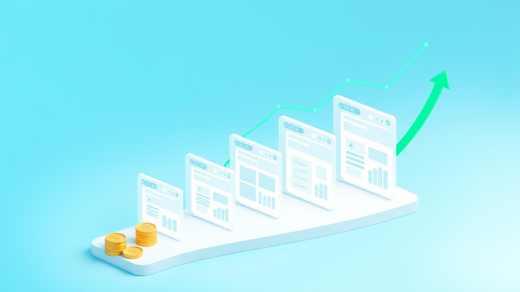 Flat isometric illustration of a rising staircase of website blocks with coins and link chains, visualizing backlink prices growing with domain authority