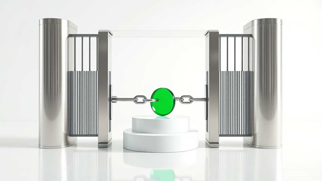 A brushed-steel gate on a white studio floor framing an emerald glass chain link, controlling which crawlers reach it