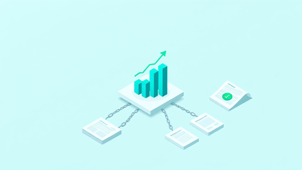 Flat isometric illustration of a data chart card radiating clean chain-links to a ring of newspaper and website cards, emerald and blue palette