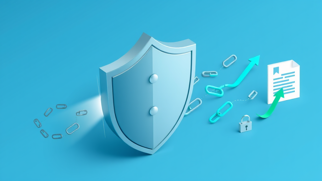 Flat isometric illustration of a large shield auto-neutralizing a few dull grey spam link nodes to one side, next to a rarely-used disavow file document with a small padlock, healthy teal link nodes and a green upward arrow, in emerald and blue