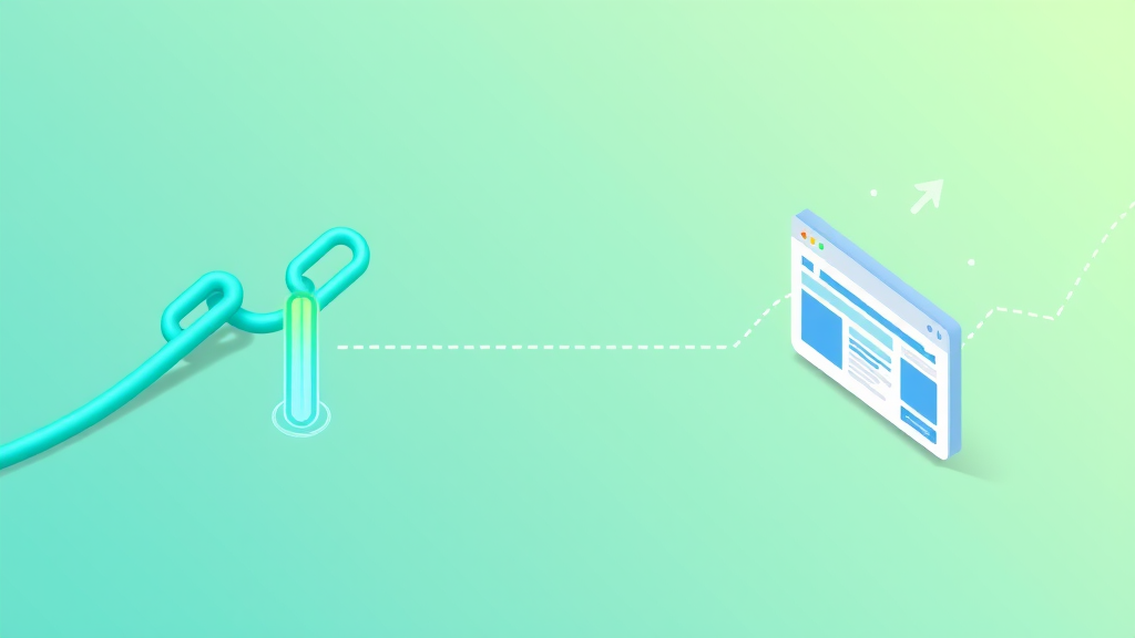 Flat isometric illustration of two link connections side by side — a solid bright link passing an energy pulse into a growing page (dofollow) and a dashed link bringing visitor particles to a steady page (nofollow)