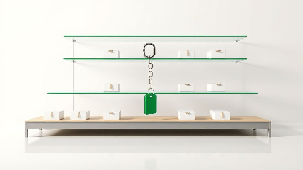 Three clear glass retail shelves with small white ceramic product boxes on a white surface, a large emerald glass chain link hooked onto the steel edge of the middle shelf with a deep blue glass price tag hanging from it