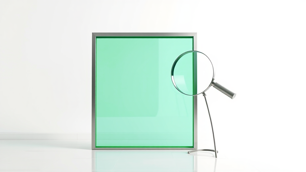 A pristine emerald glass storefront facade propped up as a hollow shell on a white studio floor, inspected by a brushed-steel magnifier