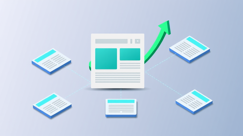 Flat isometric illustration of a central article card with a highlighted teal answer block, passages carried by teal citation lines into several surrounding AI answer panels, with a green upward arrow, in emerald and blue