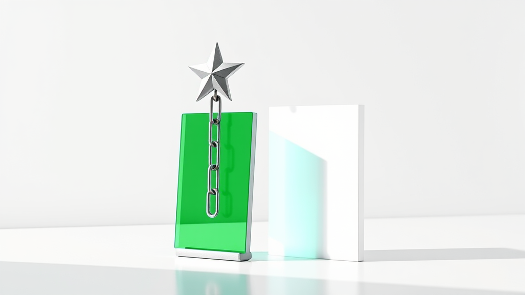 A brushed-steel star badge on an emerald glass publisher card with a chain link feeding into a frosted glass answer panel, on a white studio background