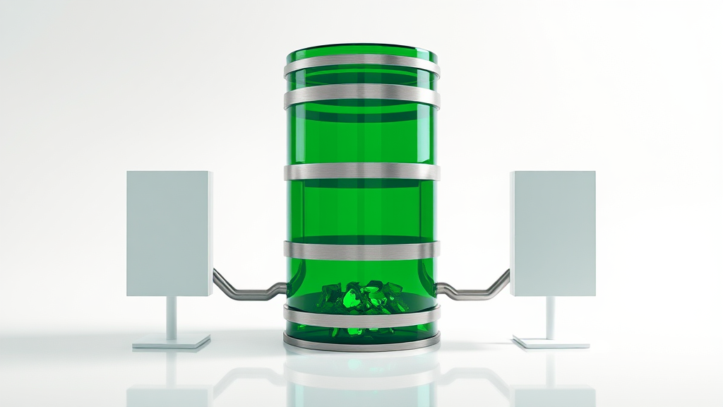 A large emerald-green glass database cylinder with brushed-steel rings piping a stream of small emerald data chips out through steel conduits to three frosted-white answer panels around it, on a light studio floor