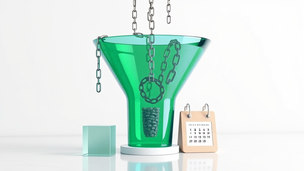 A glass emerald-and-blue funnel filtering falling steel link-chain segments, clean links passing through and spammy ones held back, on a white studio background
