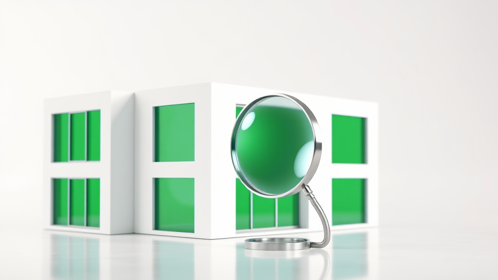 A brushed-steel host building with one mismatched glass annex module being inspected under an emerald-and-blue glass magnifier on a white studio background