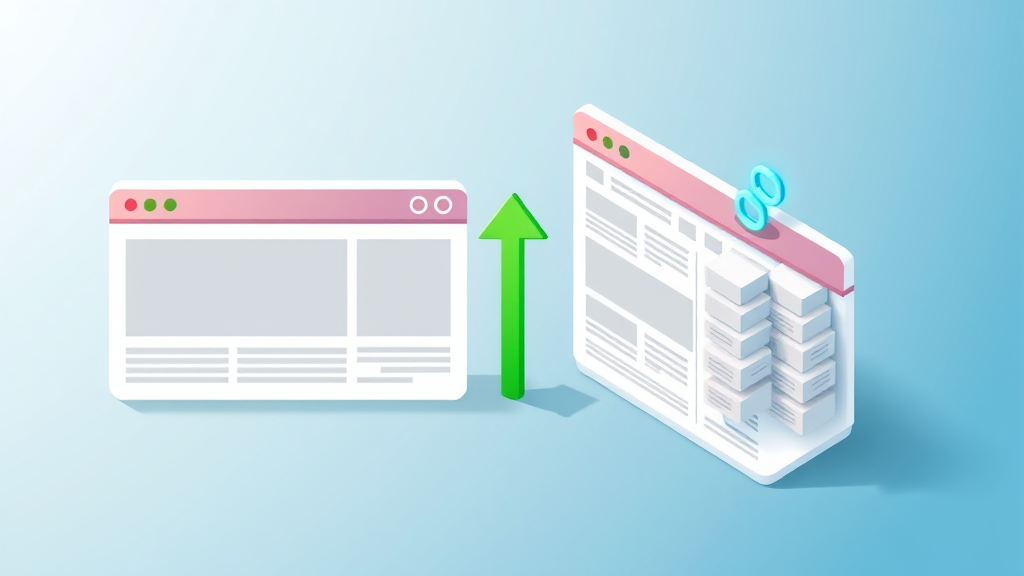 Flat isometric illustration of two website browser cards side by side — a simpler fresh page and a fuller page with a chain-link icon inserted among its content blocks — with a green upward growth arrow between them