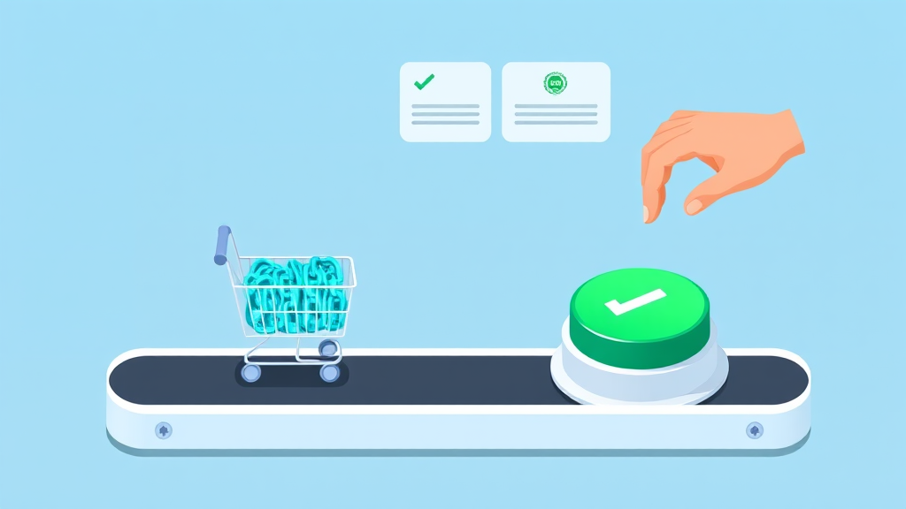 Flat isometric illustration of a translucent blue AI orb guiding a cart of glowing chain links along a conveyor toward a human hand pressing a green confirm button, emerald and blue palette