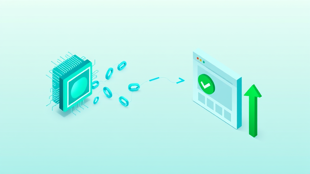 Flat isometric illustration of a glowing AI circuit chip producing teal chain-links and a document flowing through a checkmark approval gate to a clean website card, with a green upward arrow, in emerald and blue