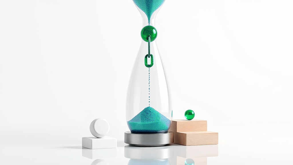 A tall glass hourglass with steel caps on a white surface, an emerald glass chain link sinking through deep blue sand from the upper bulb into the lower one