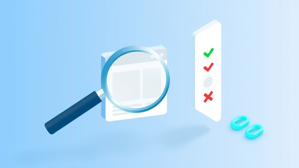 Flat isometric illustration of a magnifying glass inspecting a website card next to a checklist panel with green checkmarks and one red X, and chain-link icons