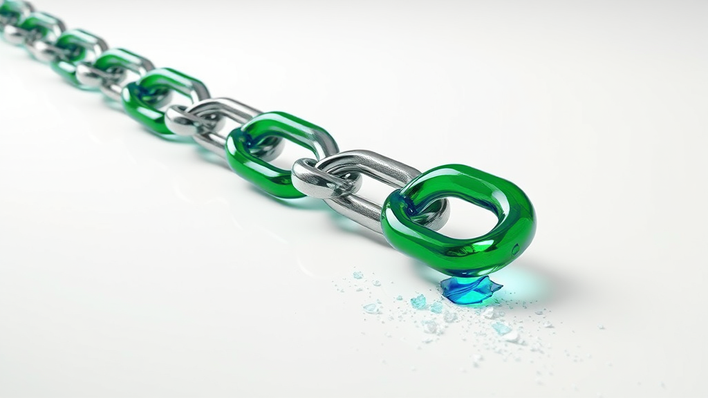 A long chain of large glass links on a white surface, solid emerald glass at the front, fading link by link into clear ghost outlines and dissolving into shards at the far end