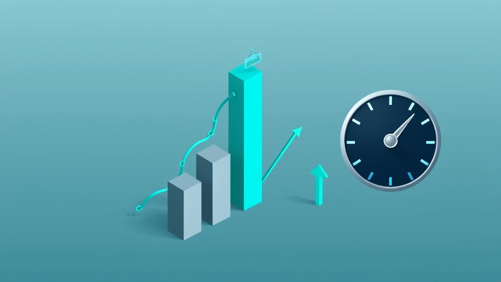 Flat isometric illustration of a ranked bar chart with the tallest bar in teal topped by a chain-link icon, a grey gauge dial to the side, and a green upward growth arrow, in teal and blue