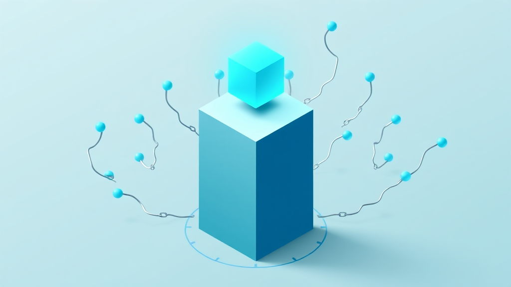 Flat isometric illustration of a glowing teal cube on a pedestal growing chain-link branches toward floating blank cards, with a faint dial on the floor, emerald and blue palette