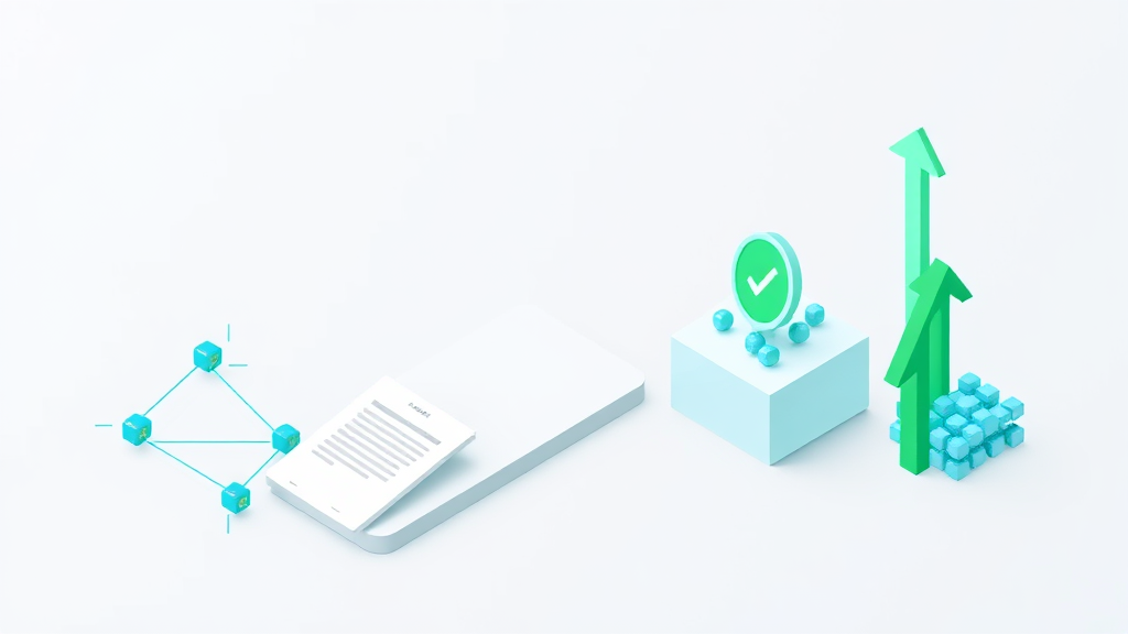 Flat isometric illustration of a website data card exposing a small llms.txt document read by teal hexagonal agent nodes, beside an entity knowledge-graph cluster with a green check badge and a green upward arrow, in emerald and blue
