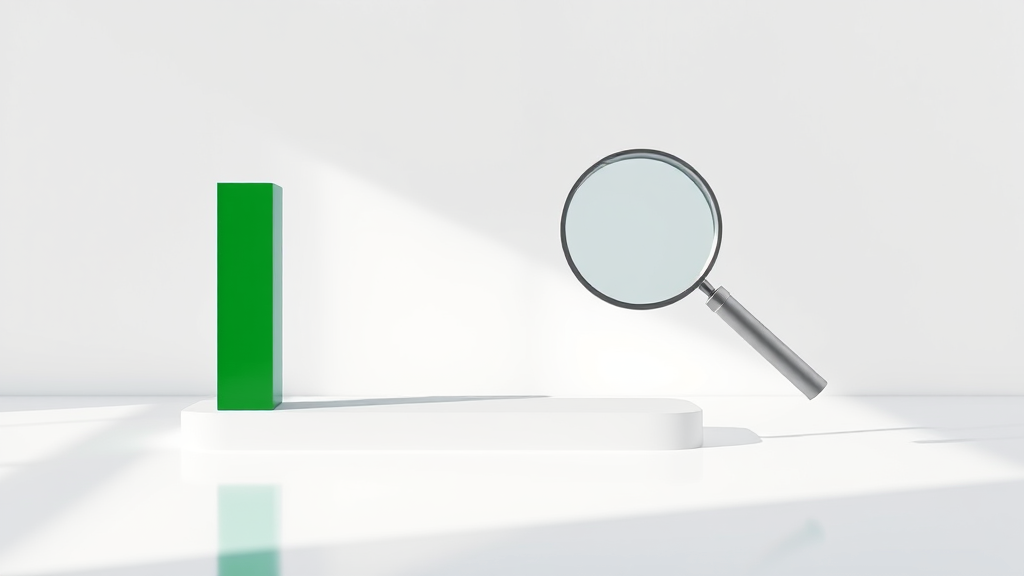 A brushed-steel dashboard gauge labelled with an eye icon showing a full impressions bar but an empty clicks bar, beside a small emerald magnifier inspecting the gap
