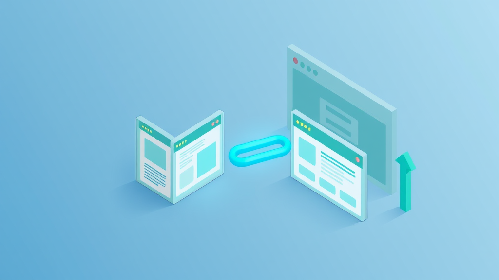 Flat isometric illustration of one topically-matched website linking brightly to a central page while a large but unrelated high-authority node stays dim