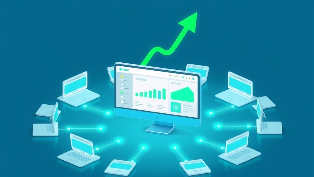Flat isometric illustration of an AI dashboard sending backlink connections to a network of relevant websites