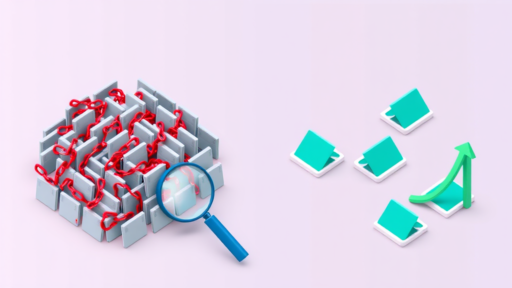 Flat isometric illustration of a magnifying glass scanning a dense grey cluster of website cards tangled in red chain-links (a PBN footprint) beside a few separate teal cards (editorial links) and a green upward arrow