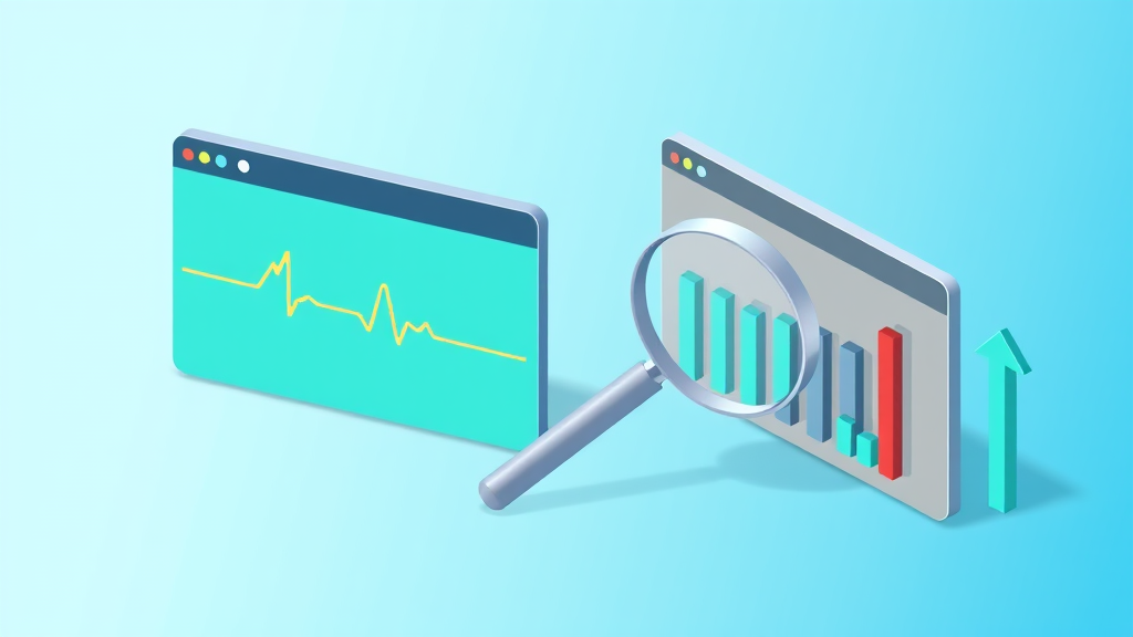Flat isometric illustration of two website browser cards — the left one showing a healthy heart-rate pulse line, the right one a bar chart with one suspicious red spike being inspected by a magnifying glass — with a green growth arrow, in emerald and blue