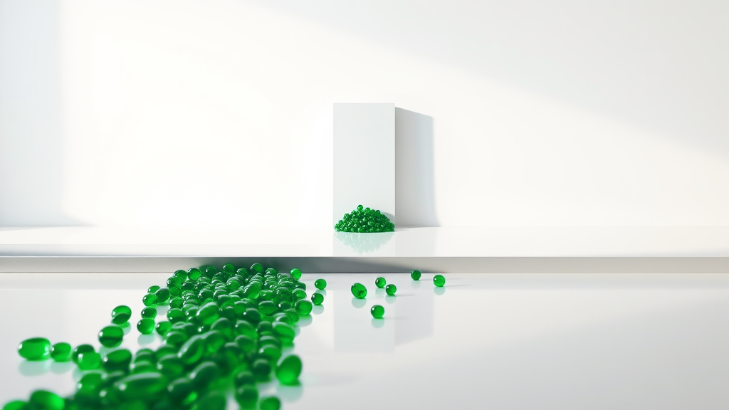 A brushed-steel sluice gate lowered halfway over a channel of flowing emerald-green glass data on a white studio floor