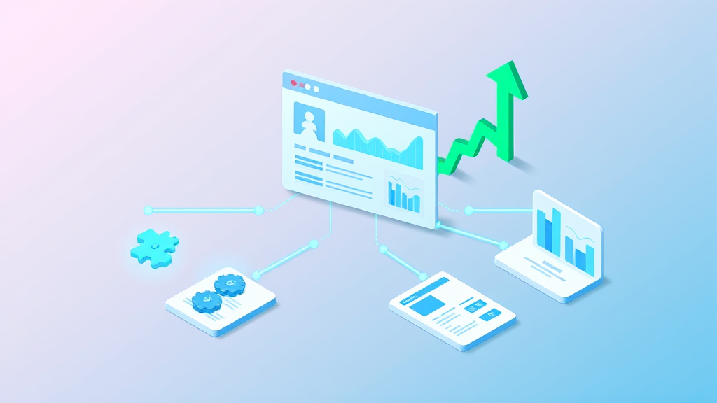Flat isometric illustration of a central SaaS app dashboard card with teal chain-links flowing out to an integration hub of puzzle-piece connectors, a free-tool asset card, a data-report chart and comparison cards, with a green upward arrow, in emerald and blue