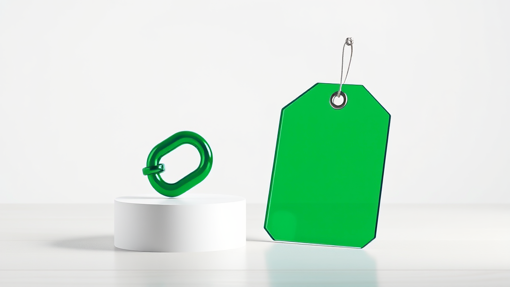 A brushed-steel and emerald glass price tag towering over a small emerald glass chain link on a white podium, against a white studio background