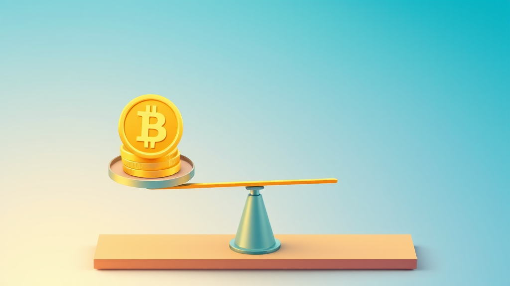 Isometric illustration of a balance scale weighing a coin against a stack of glowing chain links