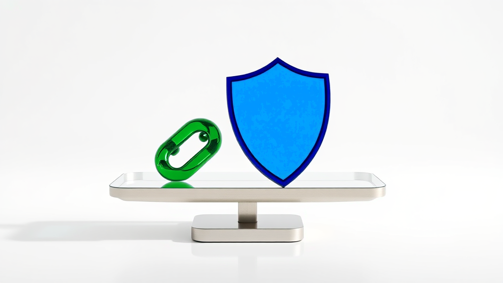 A brushed-steel balance scale with clear glass pans on a white surface, a large emerald glass chain link on one pan and a deep blue glass shield on the other, perfectly level